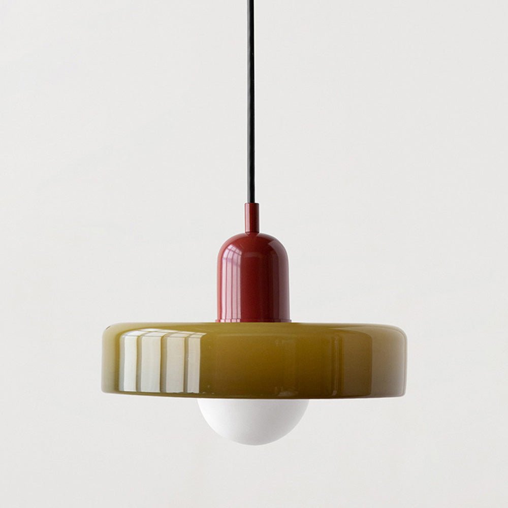 Bauhaus-style glass pendant light with a broad coloured shade and white rounded lower element