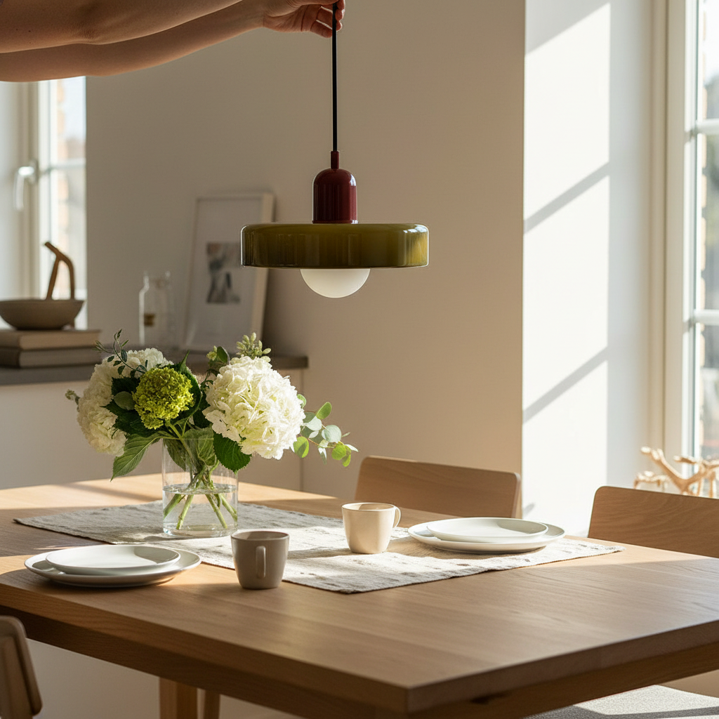 Bauhaus-style glass pendant light with a broad coloured shade and white rounded lower element