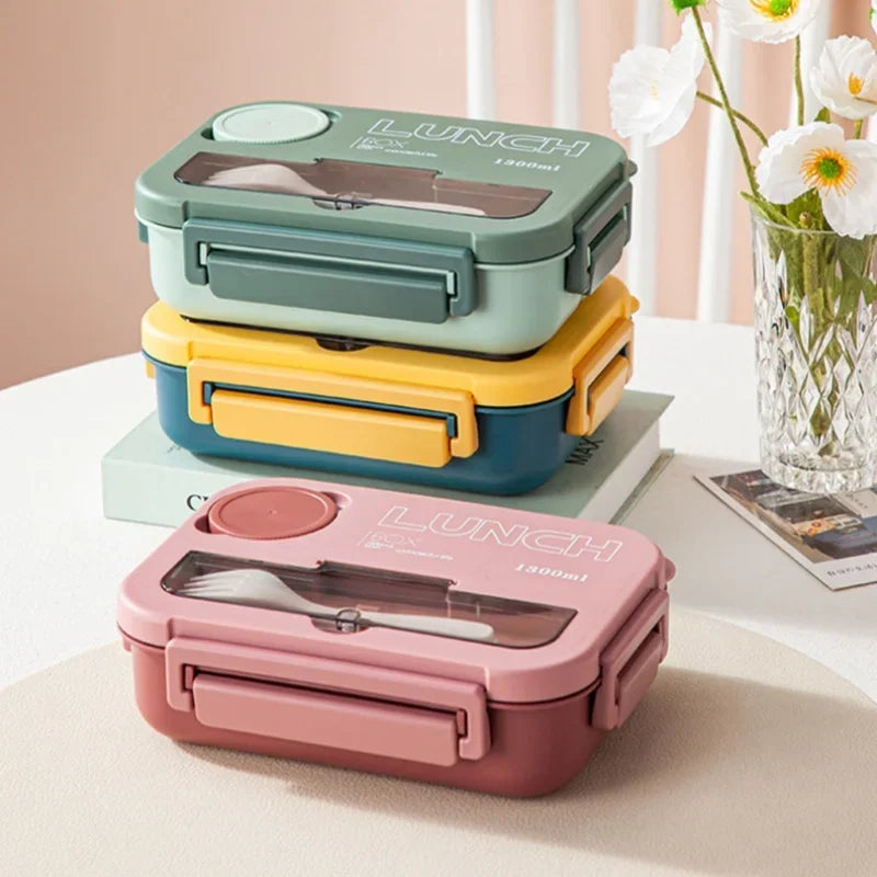 Rectangular 1300ml bento lunch box with side clips and fork and spoon storage