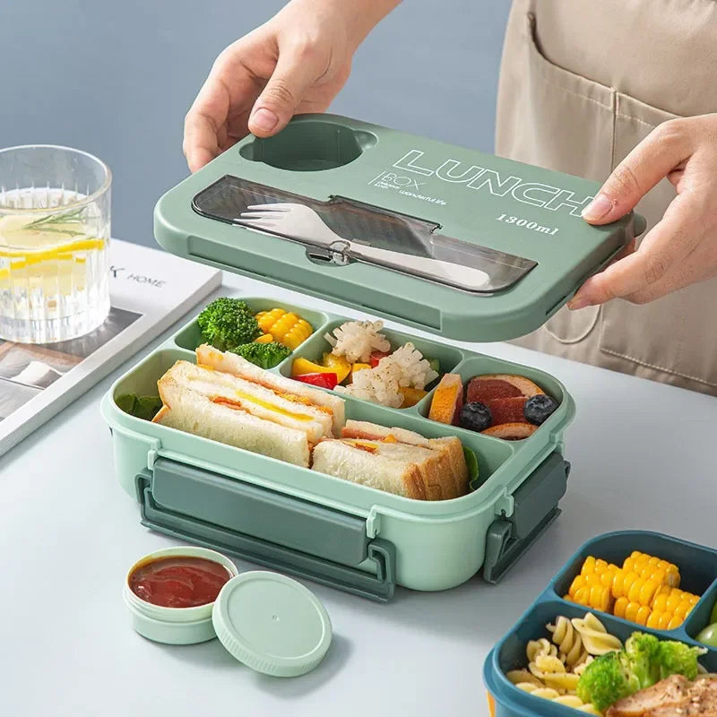 Rectangular 1300ml bento lunch box with side clips and fork and spoon storage