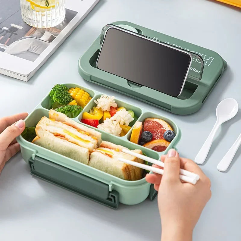 Rectangular 1300ml bento lunch box with side clips and fork and spoon storage