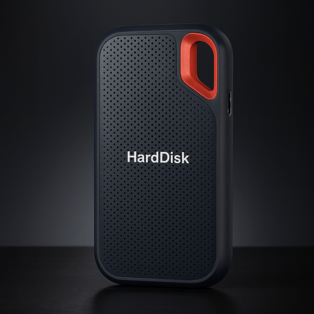 Black portable external SSD hard drive with red carry handle and USB cable