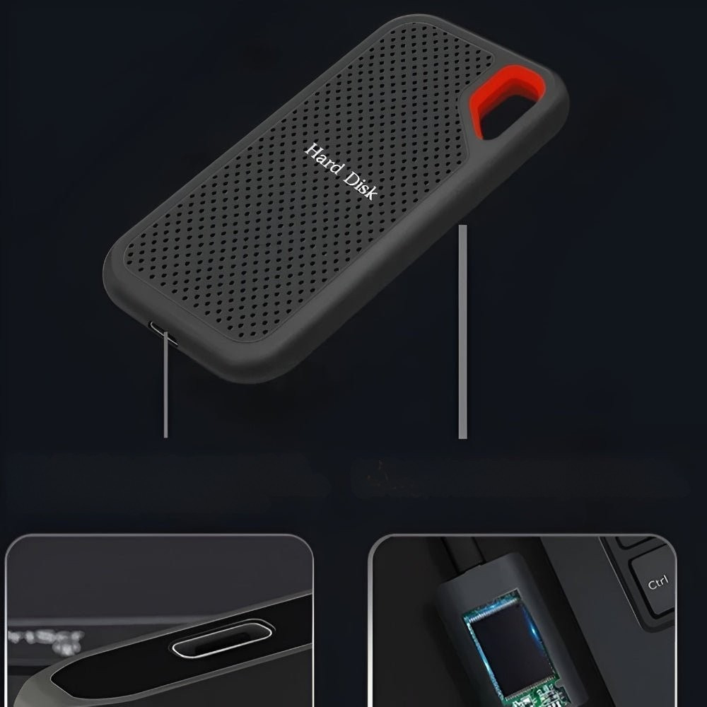 Black portable external SSD hard drive with red carry handle and USB cable