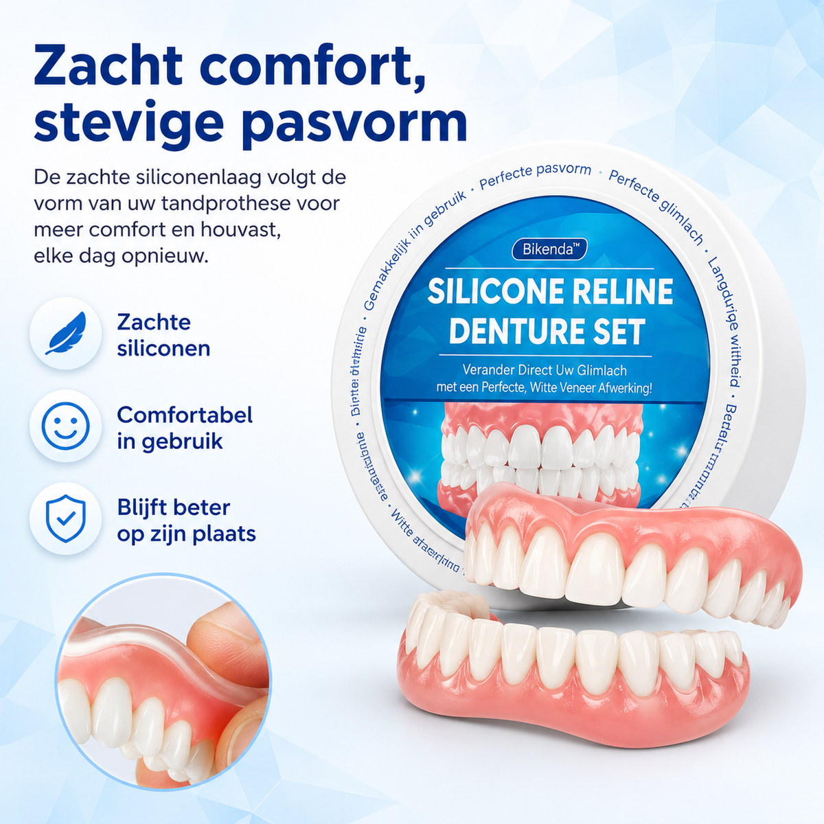 Pink and white silicone reline denture set with upper and lower pieces in a round case