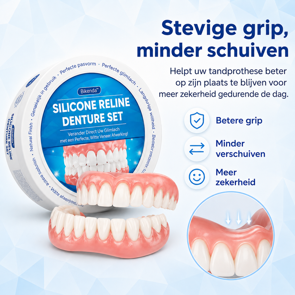 Pink and white silicone reline denture set with upper and lower pieces in a round case