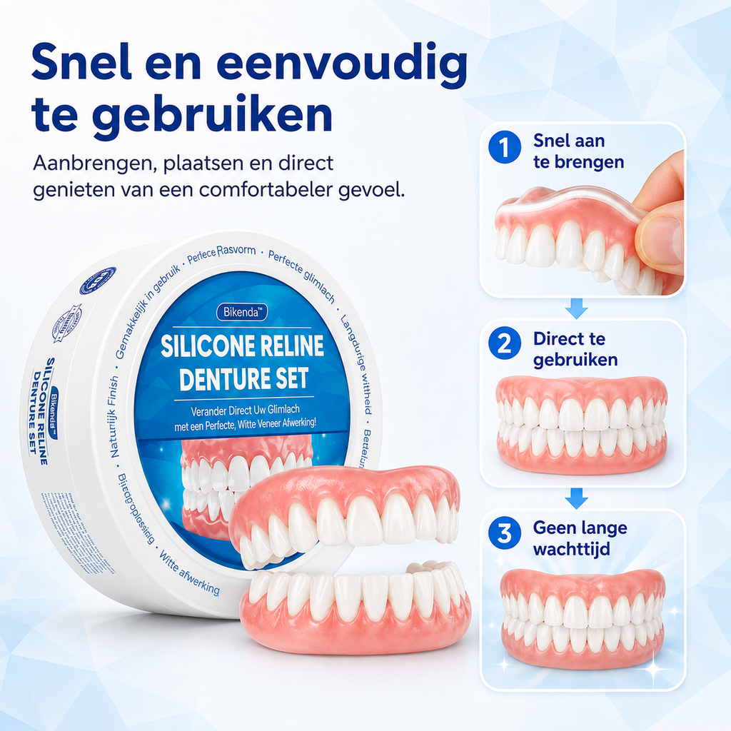 Pink and white silicone reline denture set with upper and lower pieces in a round case
