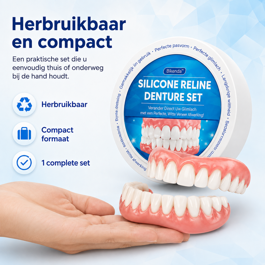Pink and white silicone reline denture set with upper and lower pieces in a round case