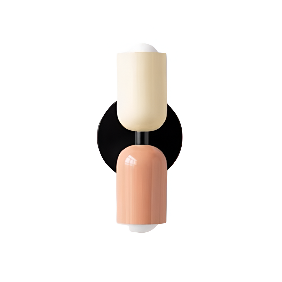 Double head wall light with two cylindrical shades and round backplate