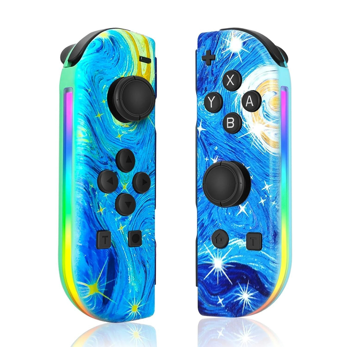 Wireless Nintendo Switch controller pair with joystick buttons and LED edge lighting