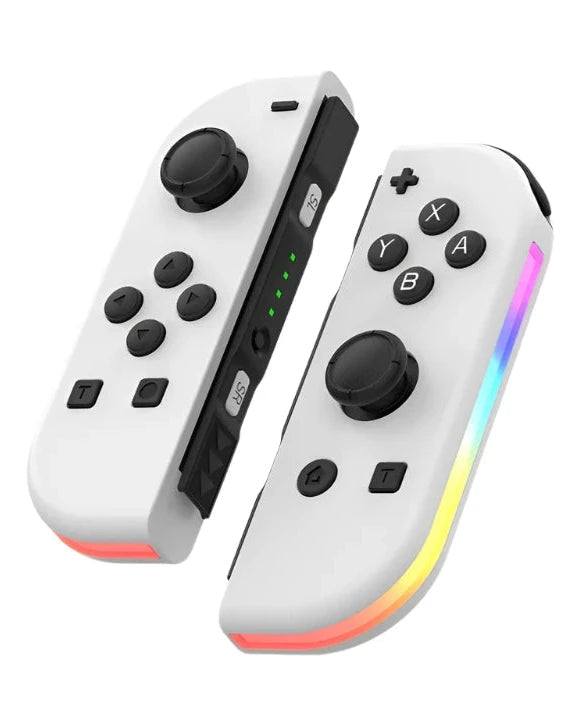 Wireless Nintendo Switch controller pair with joystick buttons and LED edge lighting