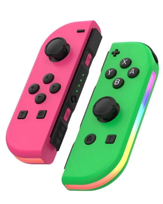 Wireless Nintendo Switch controller pair with joystick buttons and LED edge lighting