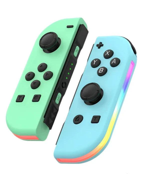 Wireless Nintendo Switch controller pair with joystick buttons and LED edge lighting
