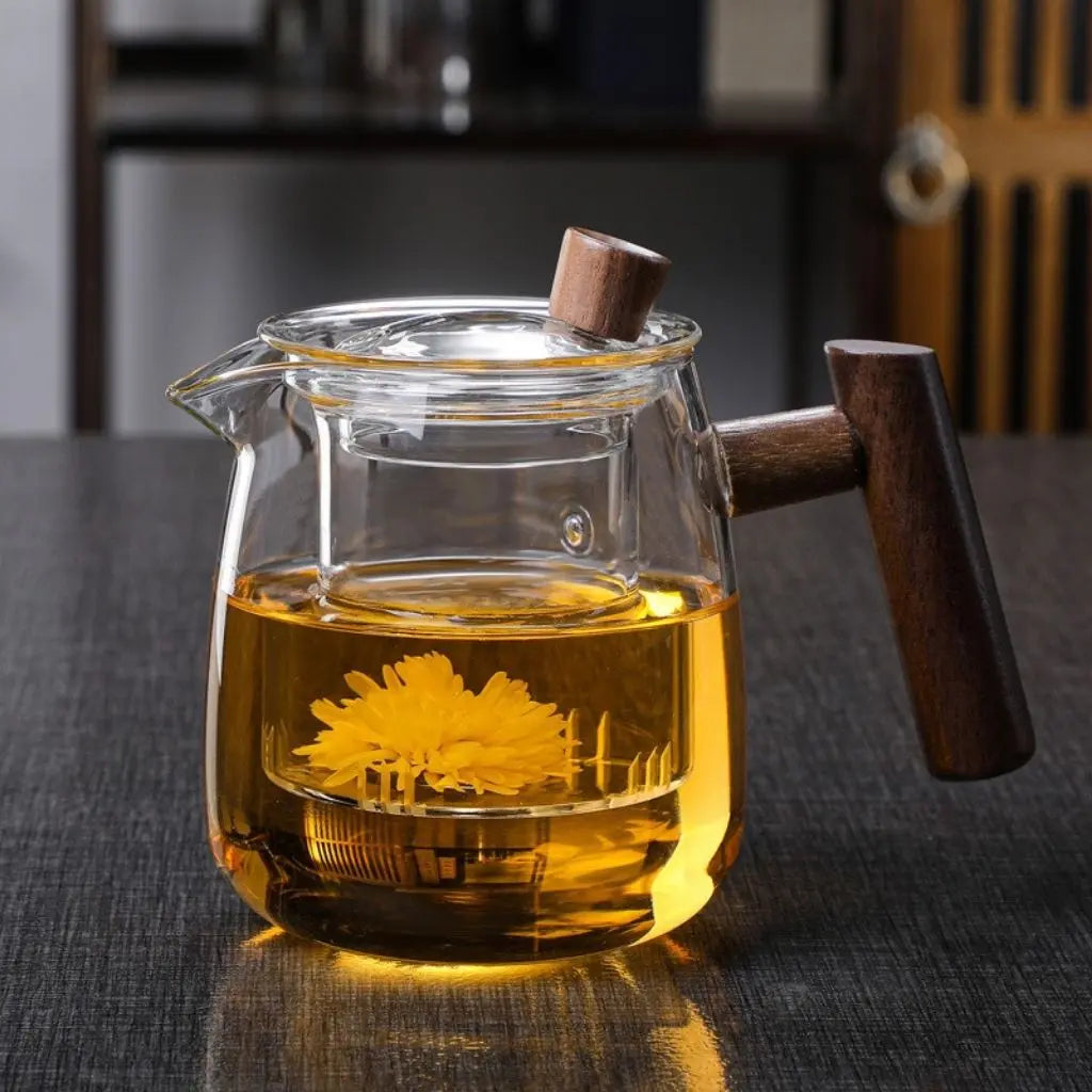 Glass teapot with central infuser, fitted lid and wooden handle
