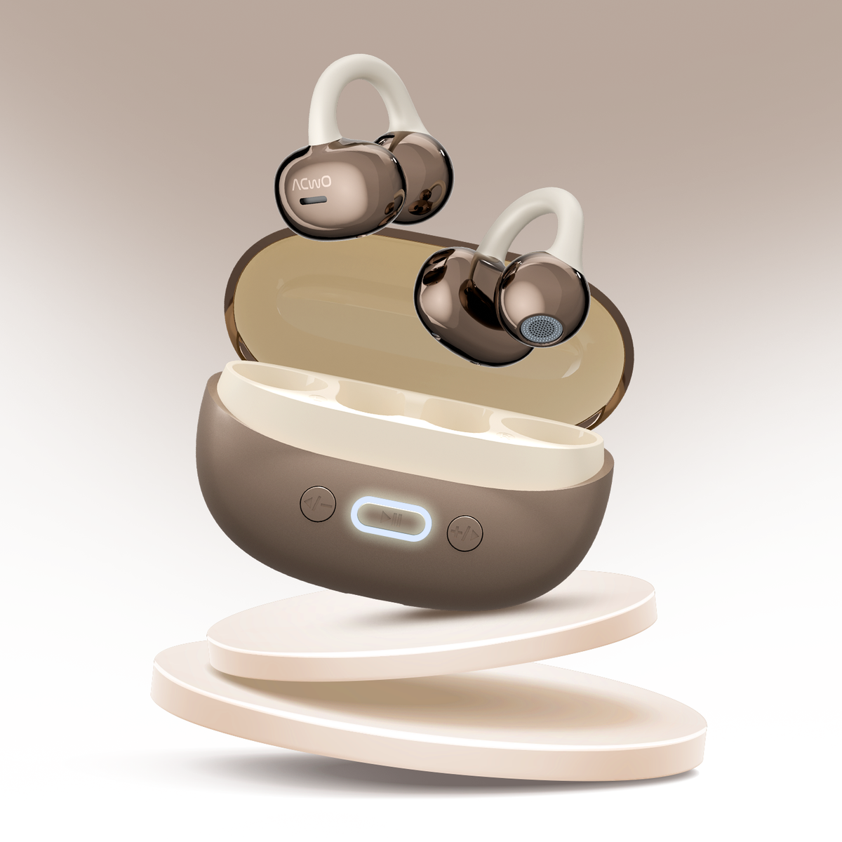 True wireless earbuds with open ear hooks and matching charging case