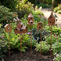 Brown decorative birdhouse garden stake with curved metal leaves