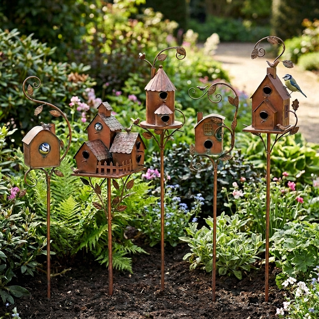 Brown decorative birdhouse garden stake with curved metal leaves
