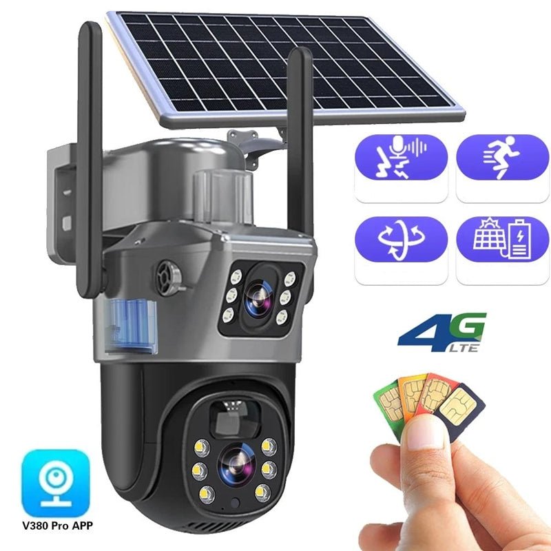 Gray and black dual-lens solar security camera with attached panel and wall bracket