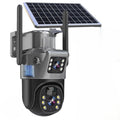 Gray and black dual-lens solar security camera with attached panel and wall bracket