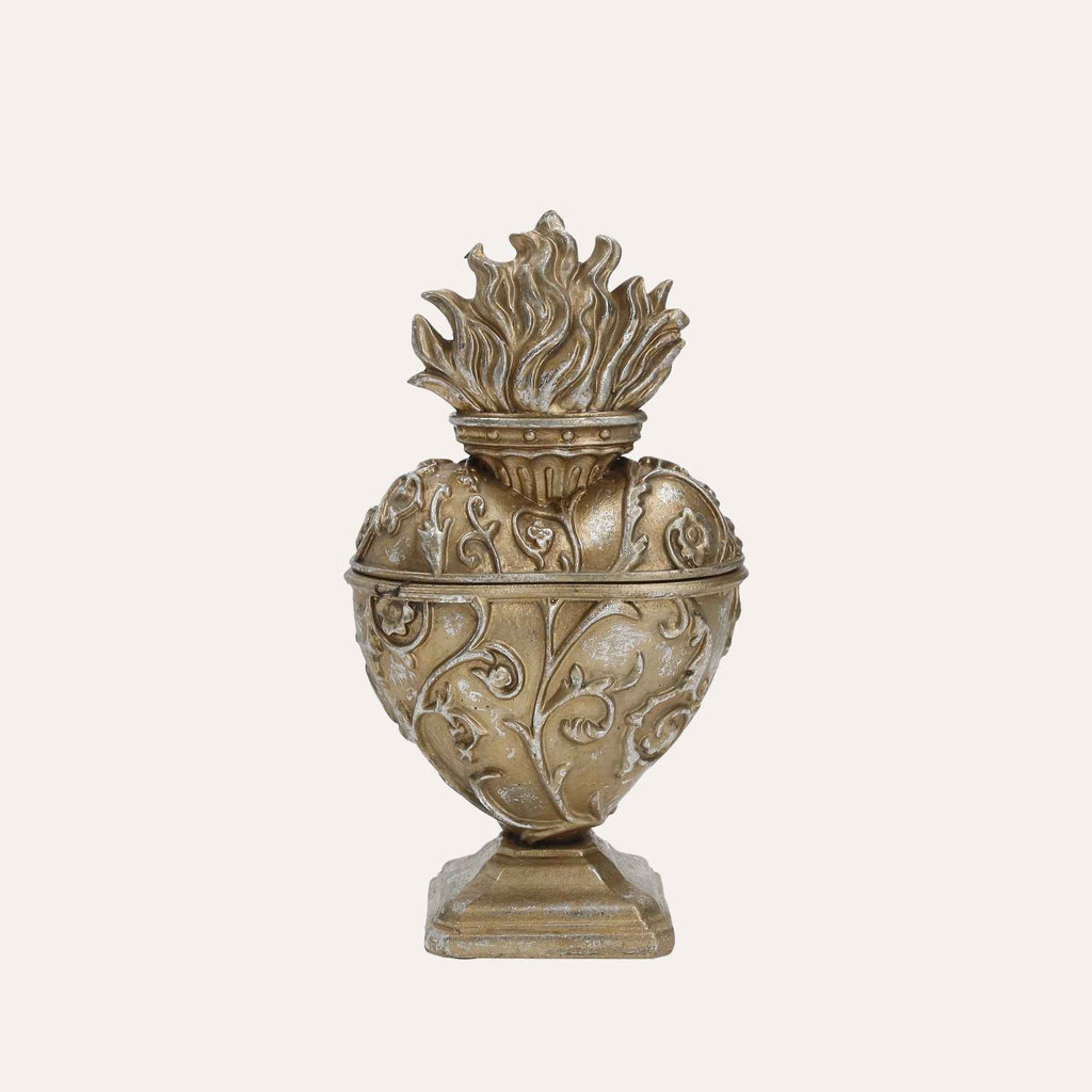 Gold resin Sacred Heart trinket box with ornate detailing and flame-shaped lid
