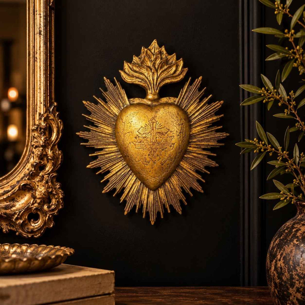 Gold resin Sacred Heart wall decoration with cross motif and radiant rays