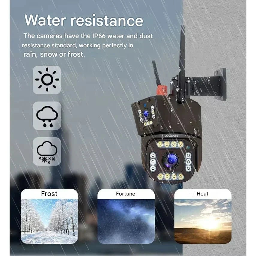 Gray and black dual-lens solar security camera with attached panel and wall bracket