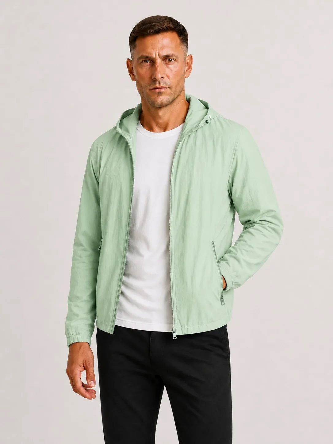 Hooded bomber jacket with zip front and side pockets