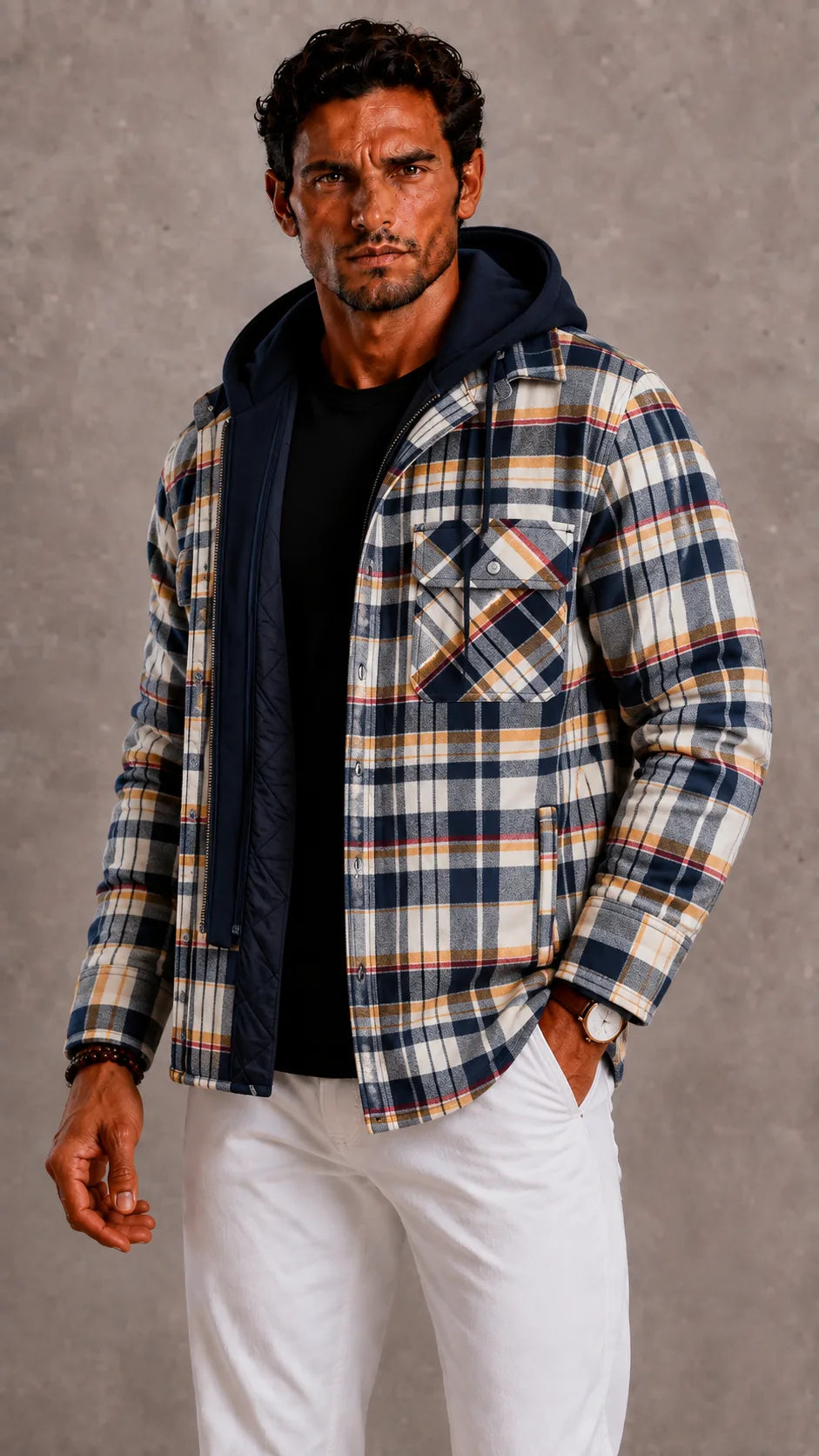 Hooded checked bomber jacket with front zip and pockets