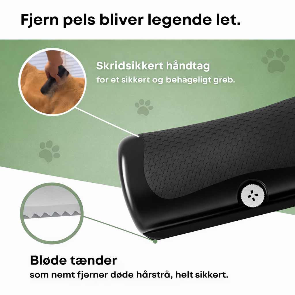 Black handheld dog grooming brush used on a dog's coat