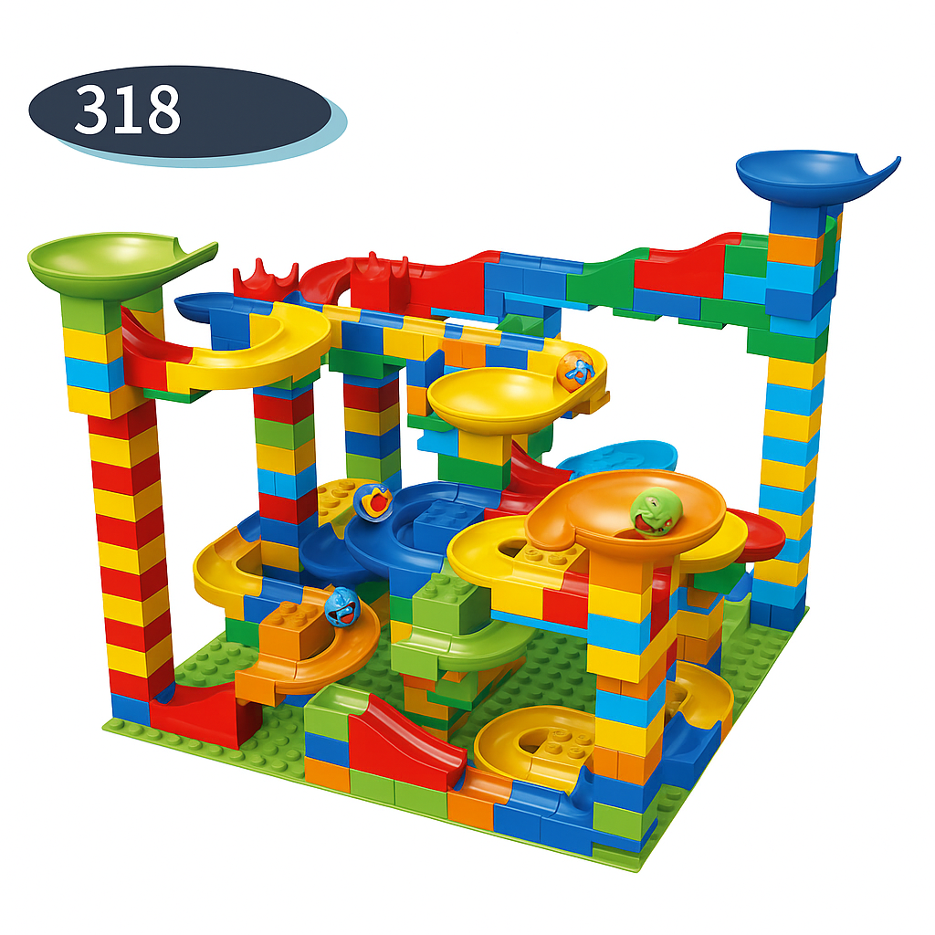 Colourful marble run construction set with interlocking blocks, ramps and tracks