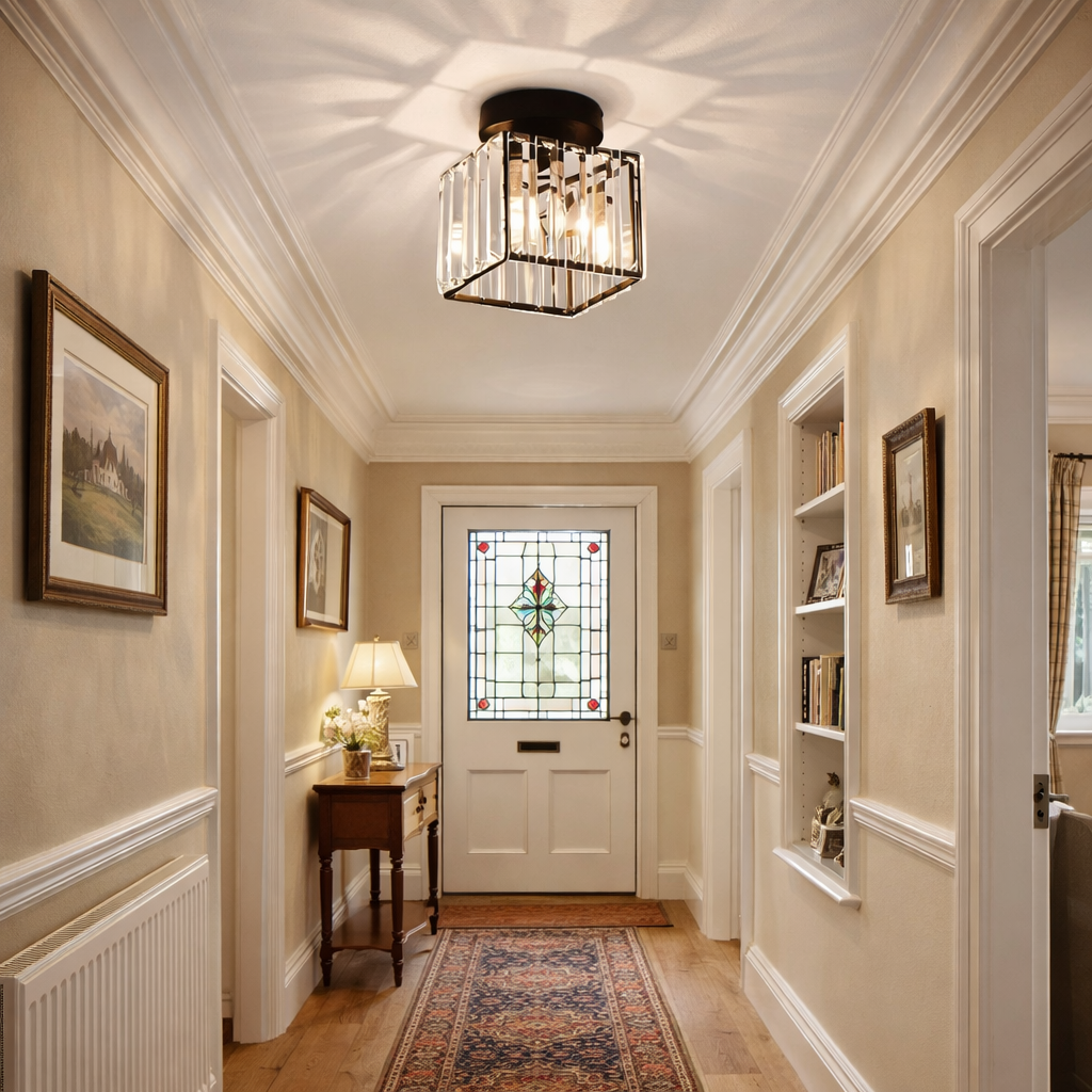 Flush mount ceiling light with clear faceted square shade