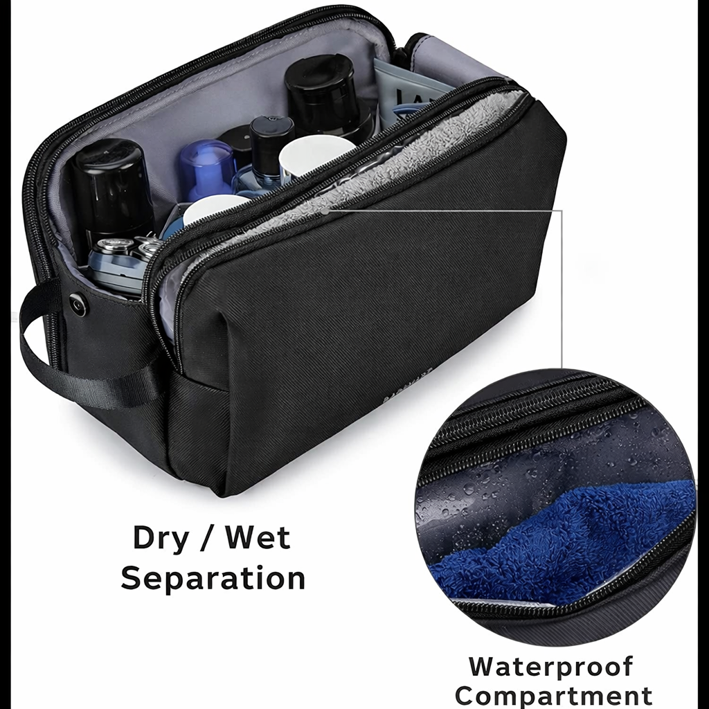 Black toiletry bag with double zippers, mesh pockets and organised interior