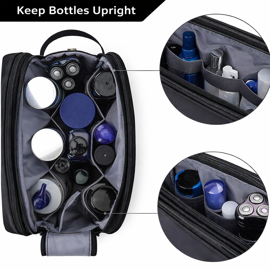 Black toiletry bag with double zippers, mesh pockets and organised interior
