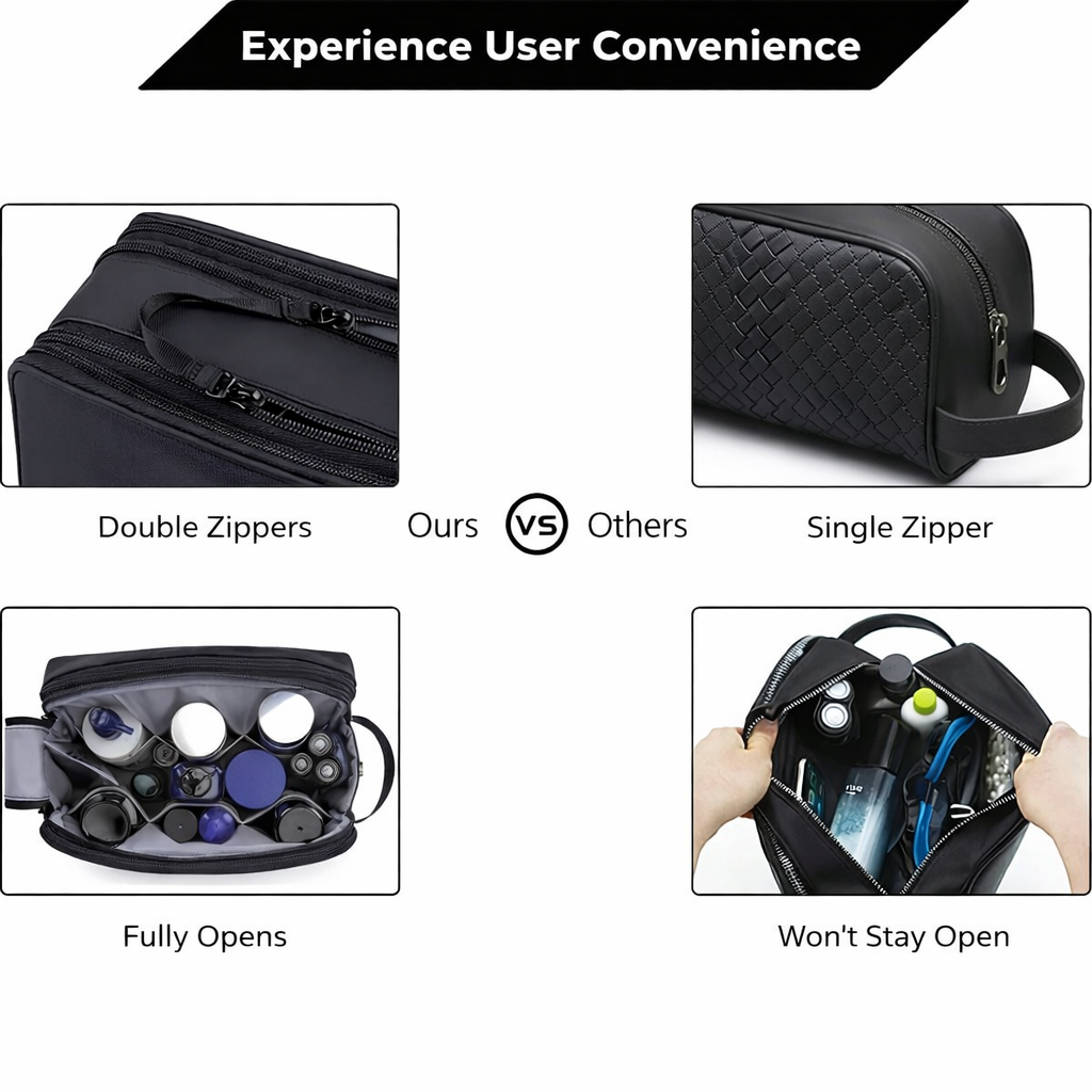 Black toiletry bag with double zippers, mesh pockets and organised interior
