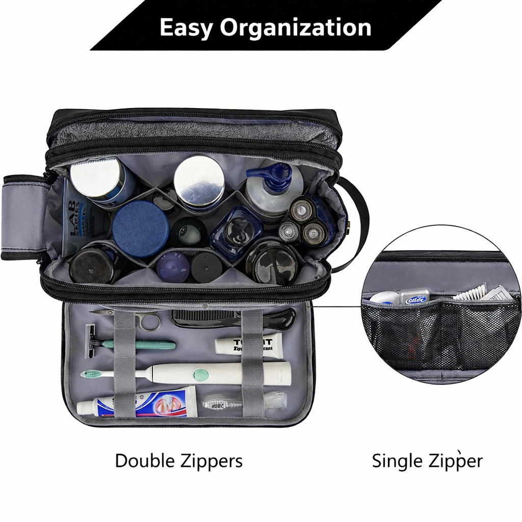 Black toiletry bag with double zippers, mesh pockets and organised interior