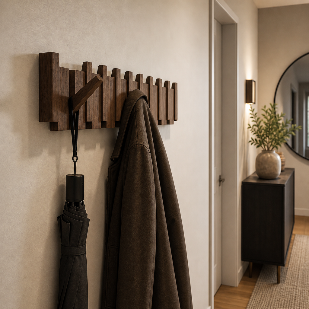 Wall-mounted solid wood coat rack with folding hooks