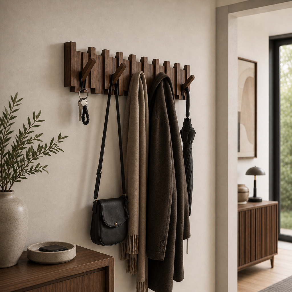Wall-mounted solid wood coat rack with folding hooks