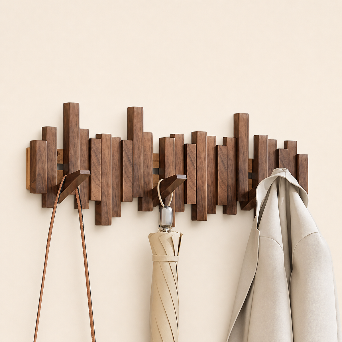 Wall-mounted solid wood coat rack with vertical bars
