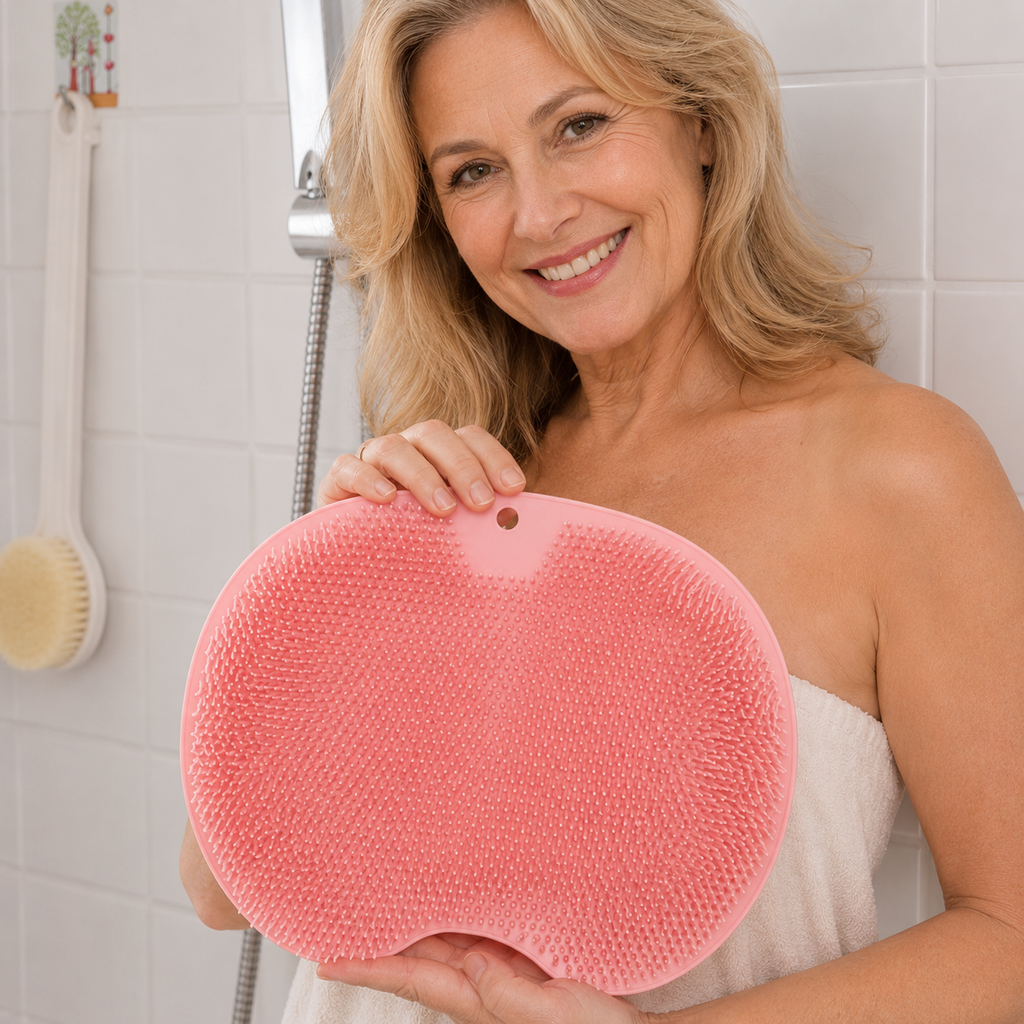 Handheld shower body scrubber with dense flexible bristles and hanging hole