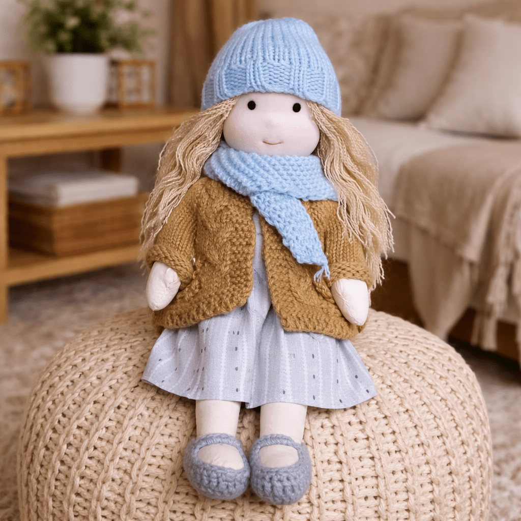 Handmade Waldorf doll wearing a knitted hat, scarf, cardigan, patterned dress and matching shoes