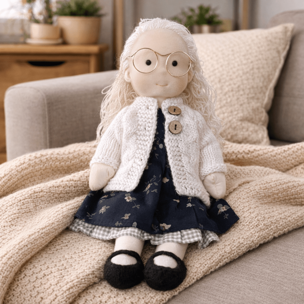Handmade Waldorf doll wearing a knitted hat, scarf, cardigan, patterned dress and matching shoes