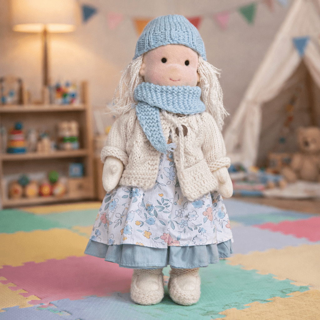 Handmade Waldorf doll wearing a knitted hat, scarf, cardigan, patterned dress and matching shoes