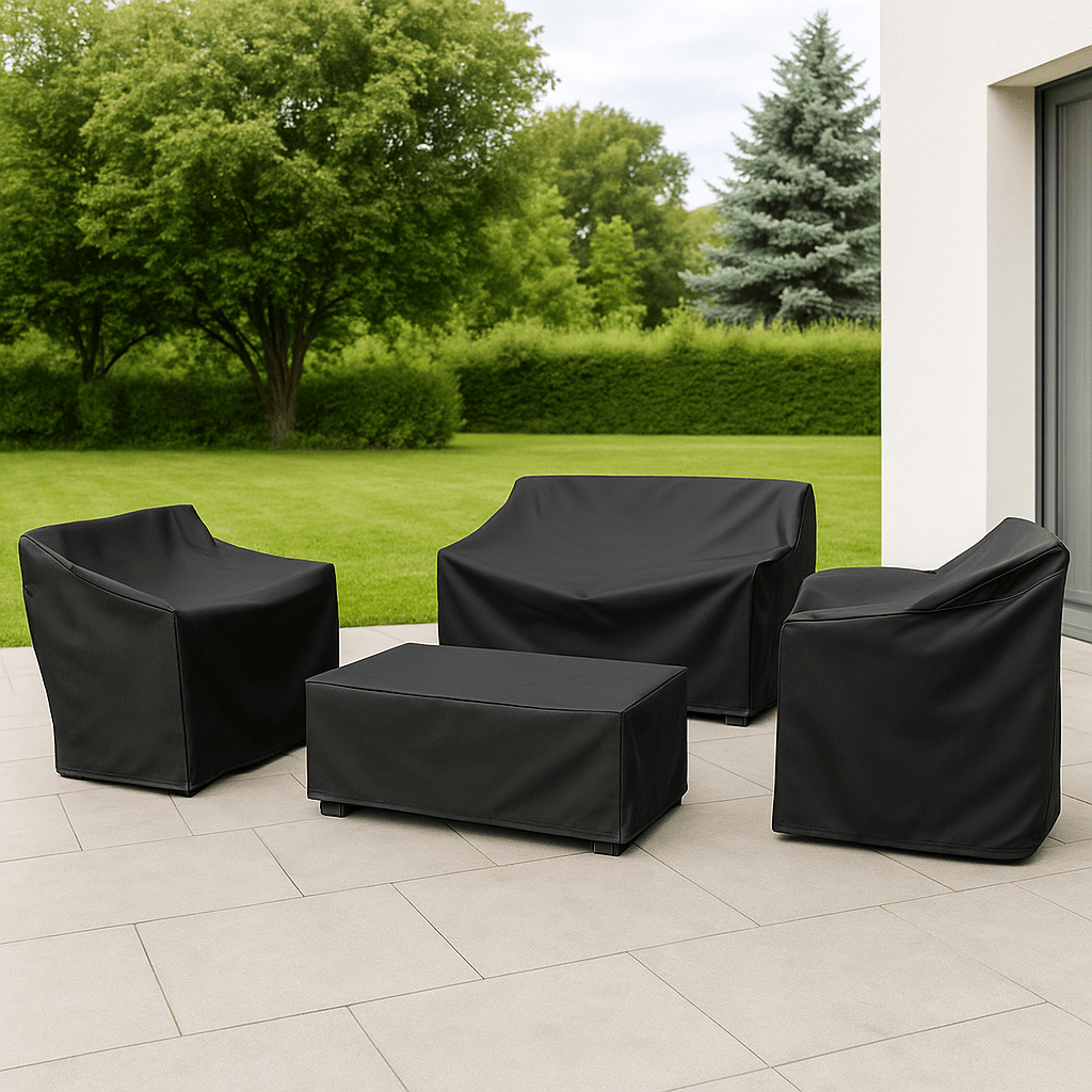 Weather-resistant cover fitted over outdoor patio furniture