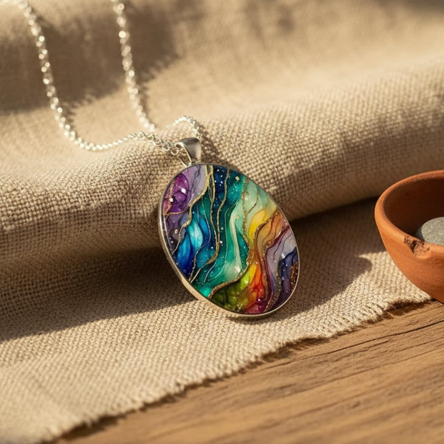 Oval pendant necklace with abstract multicolour design and silver-tone chain