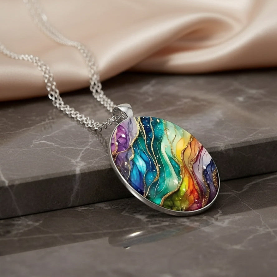 Oval pendant necklace with abstract multicolour design and silver-tone chain