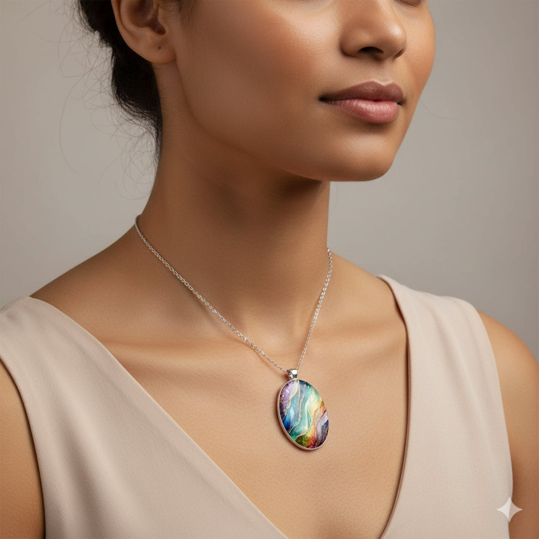 Oval pendant necklace with abstract multicolour design and silver-tone chain