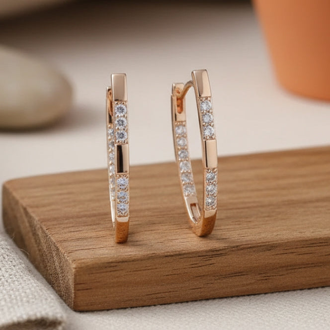Rectangular hoop earrings with clear crystal-style stone details