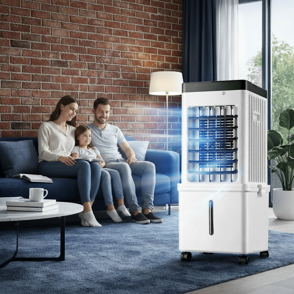 White portable air cooler with black control panel and castors