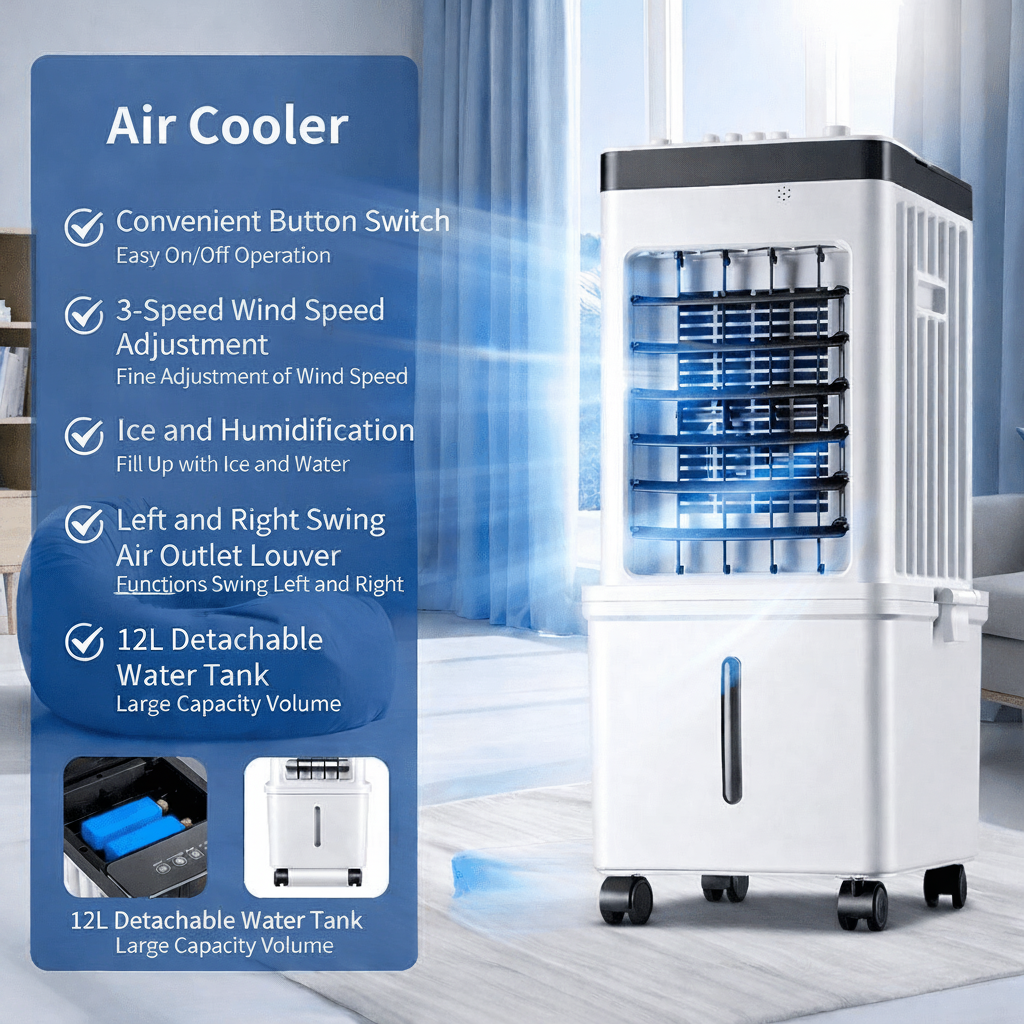 White portable air cooler and fan on wheels