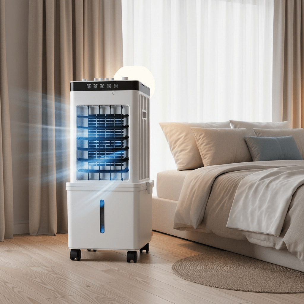 White portable air cooler and fan on wheels