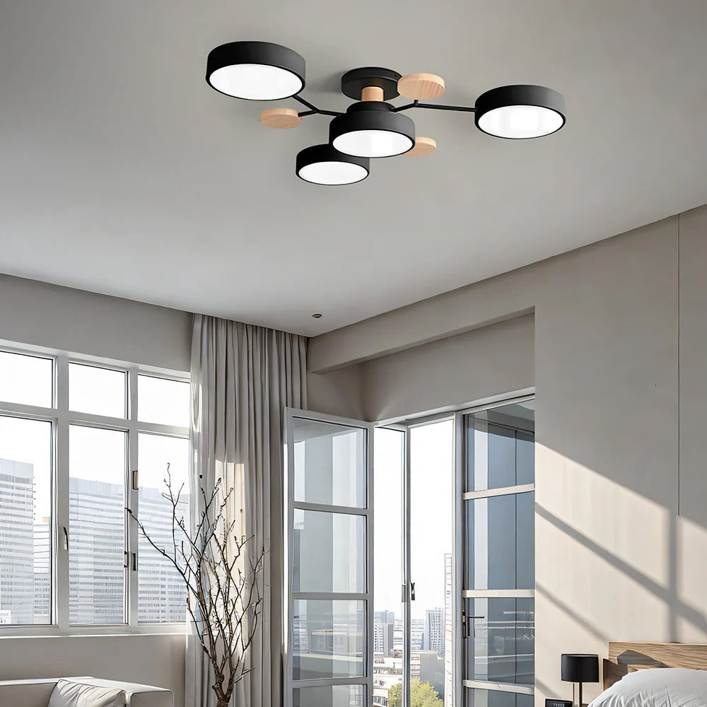 Round LED semi-flush ceiling chandelier with circular shades and decorative wood-effect accents
